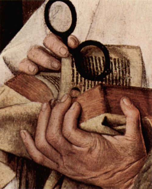 Eyck, Jan van: Madonna des Kanonikus Georg van der Paele, Detail: Bibel und Brille des Kanonikus