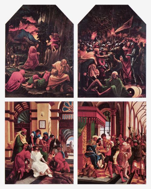 Altdorfer, Albrecht: Sebastiansaltar des AugustinerChorherrenstifts St. Florian bei Linz, linker Innenfl�gel zur Passion Christi, Szenen von oben links: Christus am �lberg, Gefangennahme Christi, Dornenkr�nung, Handwaschung des Pilatus