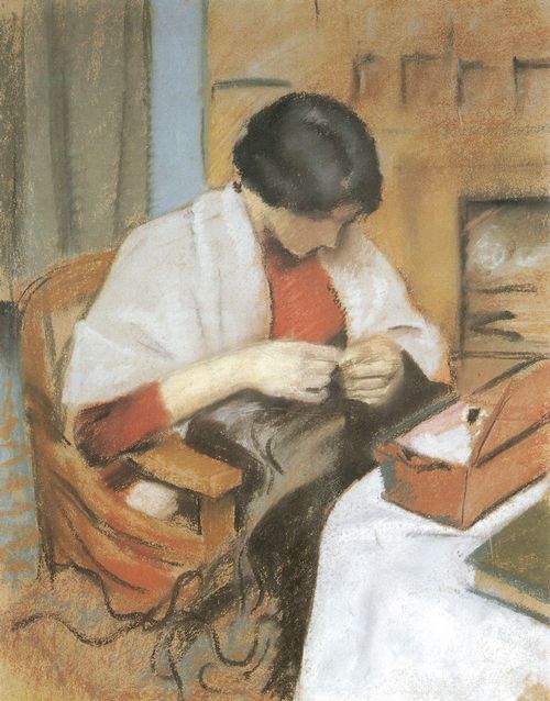 Macke, August: Elisabeth Gerhardt, n�hend (n�hendes M�dchen)