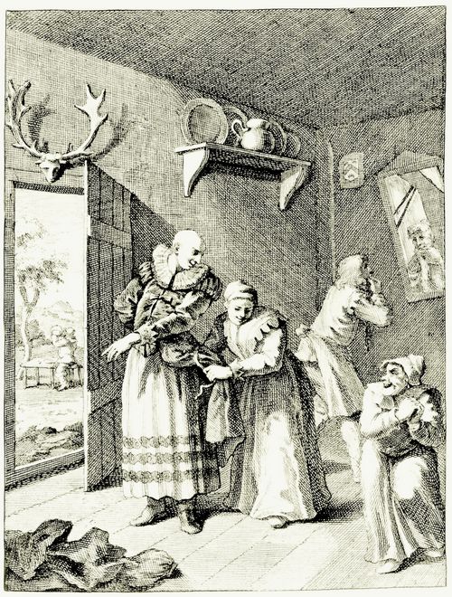 Hogarth, William: Illustration zu Cervantes »Don Quichote«, Der Kaplan und der Barbier verkleiden sich