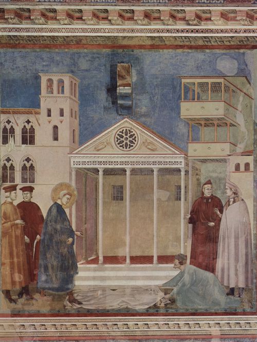 Giotto di Bondone: Fresken in der Kirche San Francesco in Assisi, Szene: B�rger von Assisi breitet seinen Mantel vor dem Hl. Franziskus aus