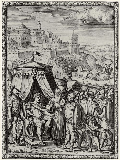 Castello, Bernardo: Illustration zu Torquato Tassos »La Gerusalemme Liberata«, Soldaten berichten von ihrer Befreiung von der Zauberin Armida durch Rianaldo. Der Eremit berichtet von zuk�nftigen Taten Rinaldos
