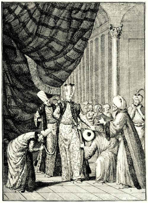 Hogarth, William: Illustration zu »Reisen durch Europa, Asien und Teile Afrikas« von Aubry de la Motraye, Die Kr�nung Sultan Achmets in der Moschee von Yup