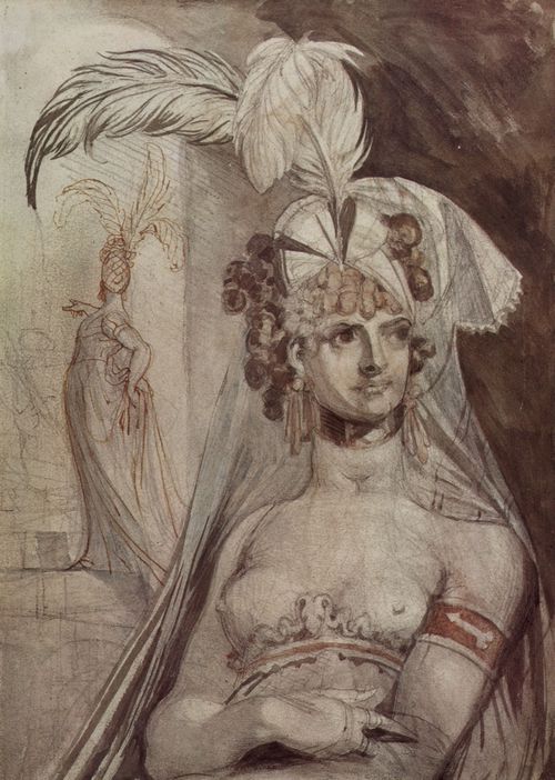 F�ssli, Johann Heinrich: Halbfigur einer Kurtisane mit Federbusch, Schleife und Schleier im Haar