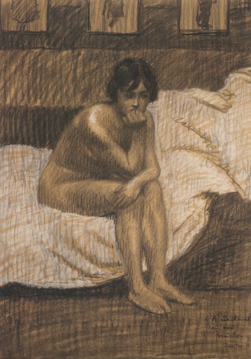 Steinlen, Theophile Alexandre: Auf dem Bett sitzender Akt