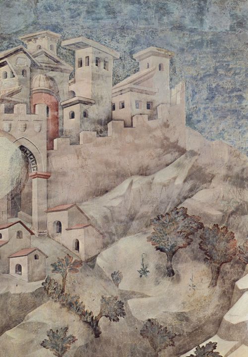 Giotto di Bondone: Fresken in der Kirche San Francesco in Assisi, Szene: Der Hl. Franziskus schenkt seinen Mantel einem verarmten Ritter, Detail: Stadtlandschaft