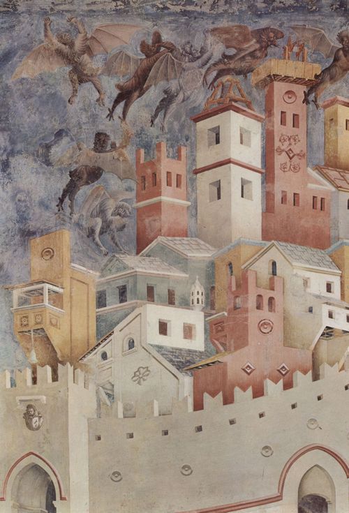 Giotto di Bondone: Fresken in der Kirche San Francesco in Assisi, Szene: Die Verteibung der Teufel aus Arezzo, Detail: Teufel �ber Stadtlandschaft