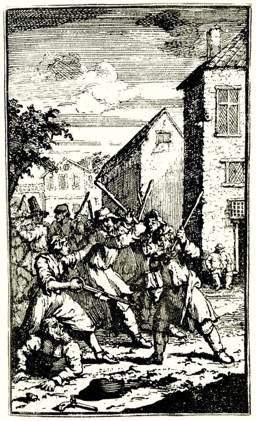 Hogarth, William: Kleine Illustration zu Samuel Butlers »Hudibras«, Hudibras wird von Trulla �berw�ltigt
