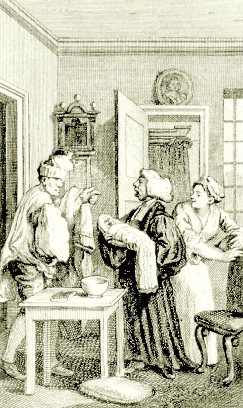 Hogarth, William: Illustration zu dem Roman »Tristram Shandy« von Laurence Sterne, Die Taufe des Tristram Shandy