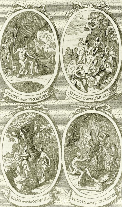 Hogarth, William: Illustration zu Dr. William Kings »Pantheon«, Pluto und Proserpina, Apollo und die Musen, Diana und ihre Nymphen, Vulkan und die Zyklopen