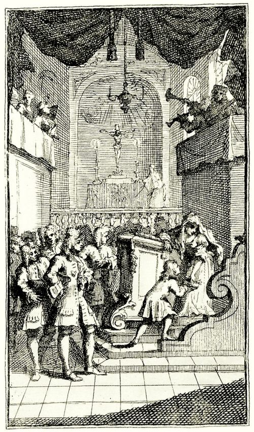 Hogarth, William: Illustration zu Charles Gildons »Neue Metamorphosen«, Korrupte Priester und Edelleute feiern das Fest der Hl. Theresia in einer italienischen Kirche