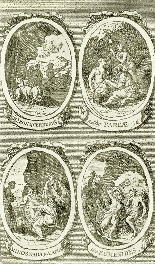 Hogarth, William: Illustration zu Dr. William Kings »Pantheon«, Charon und Cerberus, Die Parzen, Minos, Rhadamanthys und Aiakos, Die Eumeniden