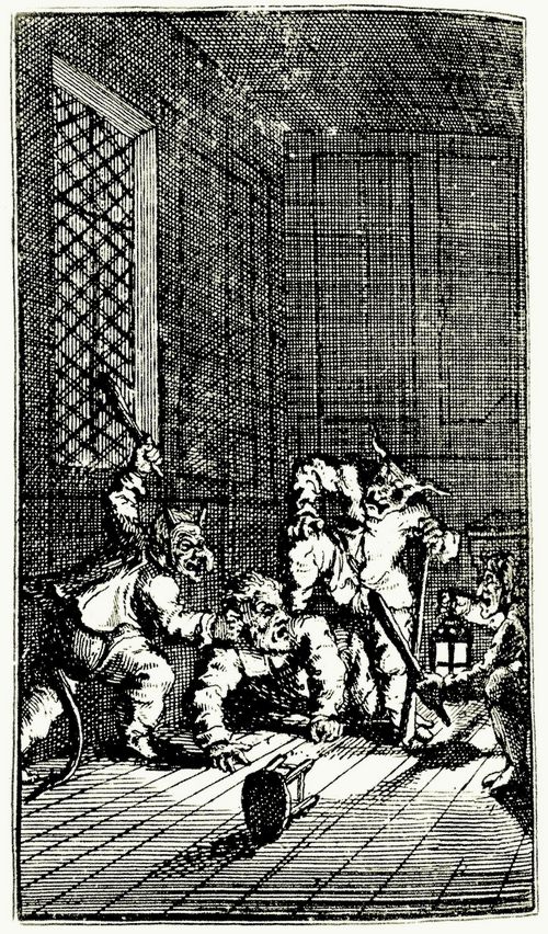 Hogarth, William: Kleine Illustration zu Samuel Butlers »Hudibras«, Hudibras wird von b�sen Geistern katechisiert