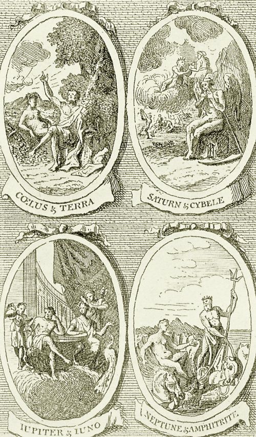 Hogarth, William: Illustration zu Dr. William Kings »Pantheon«, C�lus und Terra, Saturn und Cybele, Jupiter und Juno, Neptun und Amphitrite