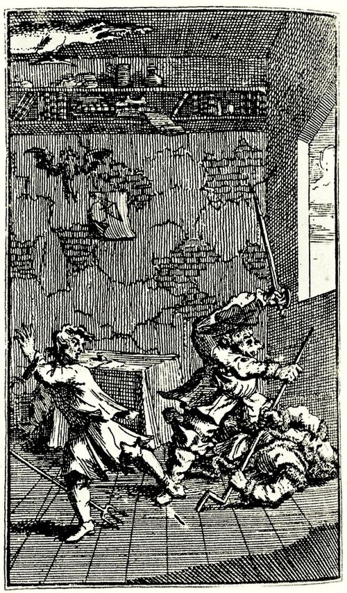 Hogarth, William: Kleine Illustration zu Samuel Butlers »Hudibras«, Hudibras k�mpft mit Sidrophel und Whachum