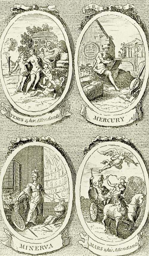 Hogarth, William: Illustration zu Dr. William Kings »Pantheon«, Venus und ihre Gefolge, Merkur, Minerva, Mars und sein Gefolge
