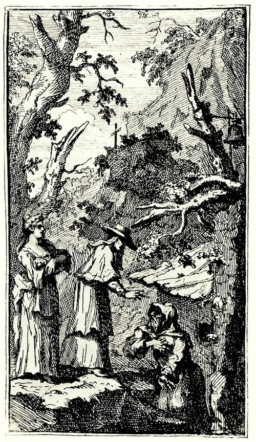 Hogarth, William: Illustration zu Charles Gildons »Neue Metamorphosen«, Donna Angela h�lt den in einen Scho�hund verwandelten Fantasio in ihren Armen, w�hrend der Kardinal zu einem Einsiedler spricht