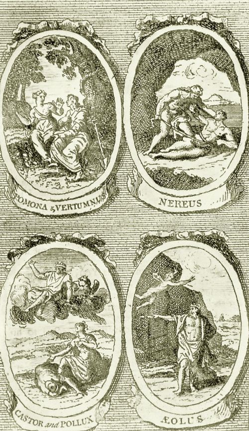 Hogarth, William: Illustration zu Dr. William Kings »Pantheon«, Pomona und Vertumnus, Nereus, Kastor und Pollux, Aiolos