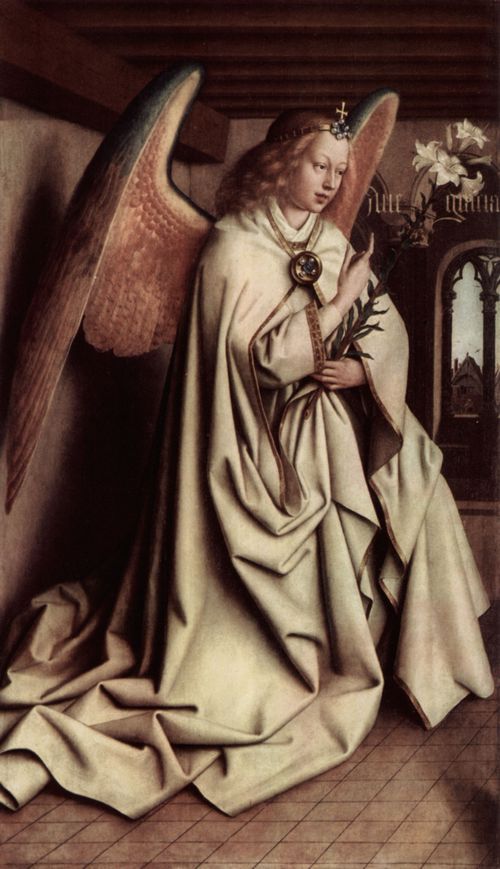 Eyck, Jan van: Genter Altar, Altar des Mystischen Lammes, linker Au�enfl�gel, mittlere �u�ere Szene: Verk�ndigungsengel