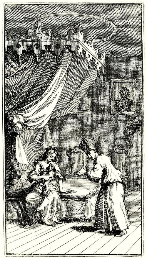 Hogarth, William: Illustration zu Charles Gildons »Neue Metamorphosen«, Der in einen Scho�hund verwandelte Fantasio erh�lt Zutritt zu dem Schlafgemach der Donna Theresa