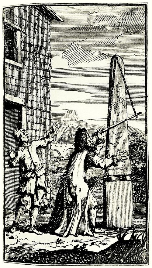 Hogarth, William: Kleine Illustration zu Samuel Butlers »Hudibras«, Sidrophel beobachtet den Papierdrachen durch sein Teleskop