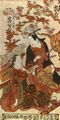 Okumura Toshinobu: Die Schauspiler Ichikawa Monnosuke I. in der Rolle von Yoshinaga und Sodezaki Iseno in der Rolle von Sakura-hime
