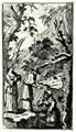 Hogarth, William: Illustration zu Charles Gildons »Neue Metamorphosen«, Donna Angela h�lt den in einen Scho�hund verwandelten Fantasio in ihren Armen, w�hrend der Kardinal zu einem Einsiedler spricht