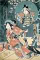 Ochiai Yoshiiku: Die Schauspieler Kataoka Nizaemon in der Rolle von Ujishita Hisakuchi und Sawamura Tanosuke in der Rolle von Kano Yukihime