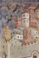 Giotto di Bondone: Fresken in der Kirche San Francesco in Assisi, Szene: Die Verteibung der Teufel aus Arezzo, Detail: Teufel �ber Stadtlandschaft