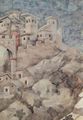 Giotto di Bondone: Fresken in der Kirche San Francesco in Assisi, Szene: Der Hl. Franziskus schenkt seinen Mantel einem verarmten Ritter, Detail: Stadtlandschaft