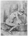 Rembrandt Harmensz. van Rijn: Weibliches Aktmodell, im Profil, die H�nde auf einen Korb gest�tzt, M�nnerkopf im Hintergrund