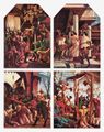 Altdorfer, Albrecht: Sebastiansaltar des AugustinerChorherrenstifts St. Florian bei Linz, rechter Innenfl�gel zur Passion Christi, Szenen von oben links: Christus vor Kaiphas, Gei�elung Christi, Kreuztragung, Kreuzigung Christi