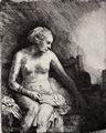 Rembrandt Harmensz. van Rijn: Nackte Frau, auf einer Bank sitzend, mit Hut neben sich