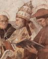 Raffael: Stanza della Segnatura im Vatikan f�r Papst Julius II., Wandfresko: Verherrlichung (Disputa) des Hl. Altarssakraments, Detail: Hl. Thomas von Aquin, Papst Innozenz III, Hl. Bonaventura (rechts, neben dem Altar)