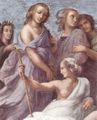 Raffael: Stanza della Segnatura im Vatikan f�r Papst Julius II., Wandfresko, Szene: Der Parna�, Detail: Calliope (liegend), Statius (links), Talia (mit Maske in Hand), Klio, Euterpe (Umarmung)