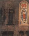Eyck, Jan van: Maria Verk�ndigung, Detail: Kirchenfenster und Wandfresko