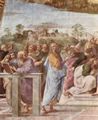 Raffael: Stanza della Segnatura im Vatikan f�r Papst Julius II., Wandfresko: Verherrlichung (Disputa) des Hl. Altarssakraments, Detail: Architekt Bramante (mit Buch), Francesco Maria Della Rovere (stehend im Vordergrund)