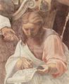 Raffael: Stanza della Segnatura im Vatikan f�r Papst Julius II., Wandfresko: Verherrlichung (Disputa) des Hl. Altarssakraments, Detail: Sekret�r des Hl. Augustinus (rechts, neben dem Altar)