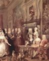 Hogarth, William: Versammlung im Wanstead House, Detail: Sir Richard Child (rechts am Tisch), seiner Frau Dorothy Glynne und seiner Tochter