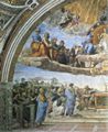 Raffael: Stanza della Segnatura im Vatikan f�r Papst Julius II., Wandfresko: Verherrlichung (Disputa) des Hl. Altarssakraments, Ausschnitt links