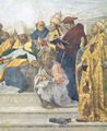 Raffael: Stanza della Segnatura im Vatikan f�r Papst Julius II., Wandfresko: Verherrlichung (Disputa) des Hl. Altarssakraments, Detail: Hl. Augustinus, dem Hl. Thomas von Aquin, Innozenz III., dem Hl. Bonaventura und Sixtus IV. (rechts, neben dem Altar)