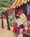 Macke, August: Vor dem Hutladen (Frau mit roter Jacke und Kind)