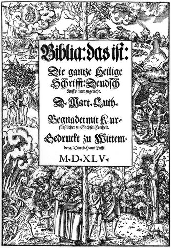 Links: Gott in Wolken thronend; Eherne Schlange (Num, 15,32 ff.); S�ndenfall; H�llenrachen (darin M�nch mit Tonsur und Papst mit Tiara), in den der Tod und der bocksbeinige Teufel einen Menschen sto�en; daneben Moses mit Gesetzestafel. - Rechts: Verk�ndigung Mari� und an die Hirten auf dem Feld; H�llenfahrt Christi (mit Siegesfahne), der den Drachen und Tod zertritt; gekreuzigter Christus, dessen Blutstrahl den bittenden s�ndigen Menschen trifft; neben ihm Johannes der T�ufer in h�renem Gewand, der auf Christus hinweist (Mk. 1,6-8); am Kreuzesstamm das Lamm (Jes. 53,7; Apg. 8,32) mit der Kreuzesfahne.
