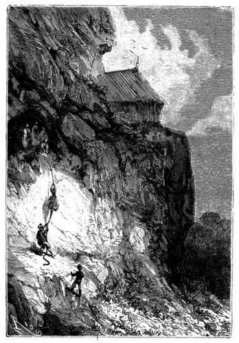 Glenarvan und Lady Helena gleiten am Seile herab. (S. 630.)