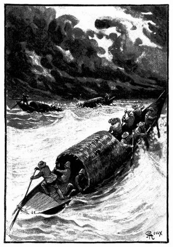 Die Fahrzeuge taumelten auf dem auf- und abwogenden Strome hilflos umher. (S. 197.)