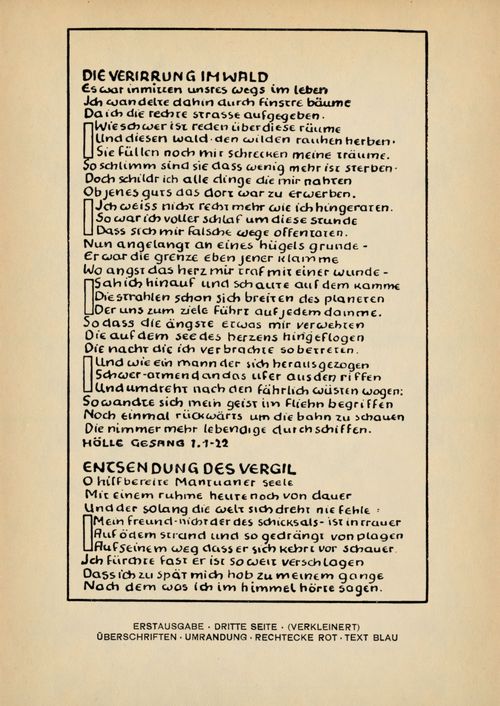 Erstausgabe � Dritte Seite � (Verkleinert) ⋼ �berschriften � Umrandung � Rechtecke rot � Text blau (GAW 10/11, S. 223)