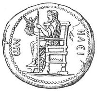 Zeus des Pheidias, auf dem Thronos sitzend (M�nze von Elis).