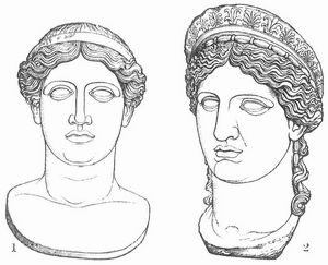 Fig. 1. Kopf der Hera Farnese (Neapel).  Fig. 2. Kopf der Hera Ludovisi (Rom, Villa Ludovisi).