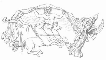 Helios und Eos, vom Morgentau getragen, dar�ber der Himmelsgott. Relief vom Harnisch der Augustusstatue im Vatikan.
