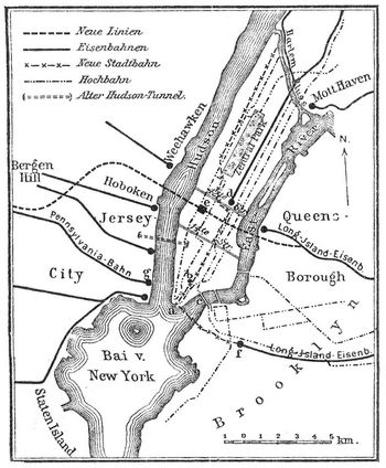 Fig. 4. Bahnnetz von Gro�-New York (Jersey, New York, Brooklyn). a Battery, b Rathaus (City Hall), c Alte Brooklyner Br�cke, d Grand Zentraldepot an der 42. Stra�e, e Hauptbahnhof der neuen Linie, f Flatbush-Avenue-Bahnhof Brooklyn, g Bahnhof der Pennsylvaniabahn in Jersey-City.